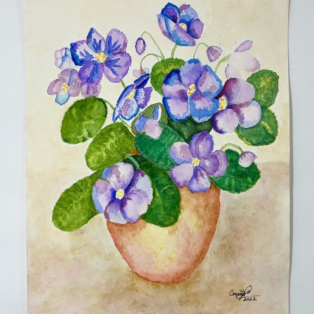 Violets Original Signed Art Watercolor Painting